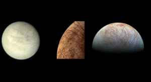 Photos by NASA On the left is a view of Europa taken from 2.9 million kilometers (1.8 million miles) away on March 2, 1979 by the Voyager 1 spacecraft