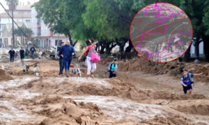 Ejemplo de DANA según la Aemet. En la imagen puede verse un embolsamiento de aire frío aislado (geopotencial, en línea blanca, continua y metros, y temperatura, T, en rojo, discontinua y en ºC) AEMET  Foto: AFP y AEMET